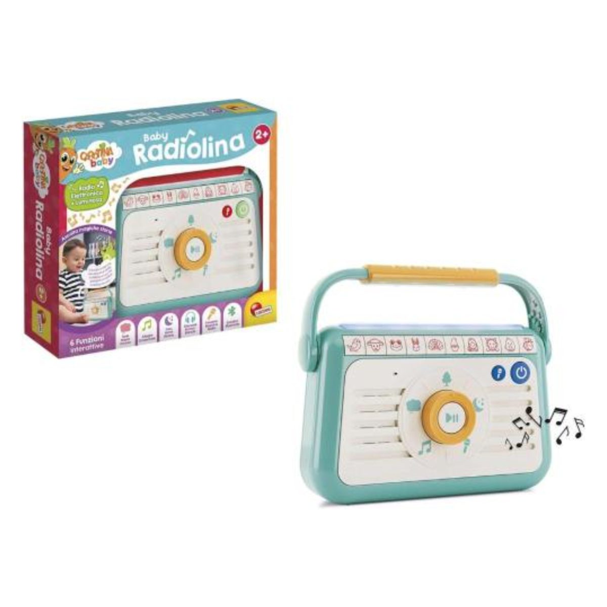 Carotina Baby Radiolina confronto confezione e prodotto con pulsanti touch e note musicali