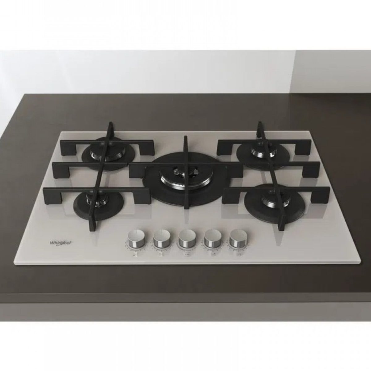 Piano cottura gas Whirlpool GOWL 758 75cm bianco, vista dall'alto con 5 fuochi e manopole in acciaio
