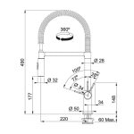 Franke Fox Pro miscelatore lavello, schema tecnico con dimensioni e angoli di rotazione