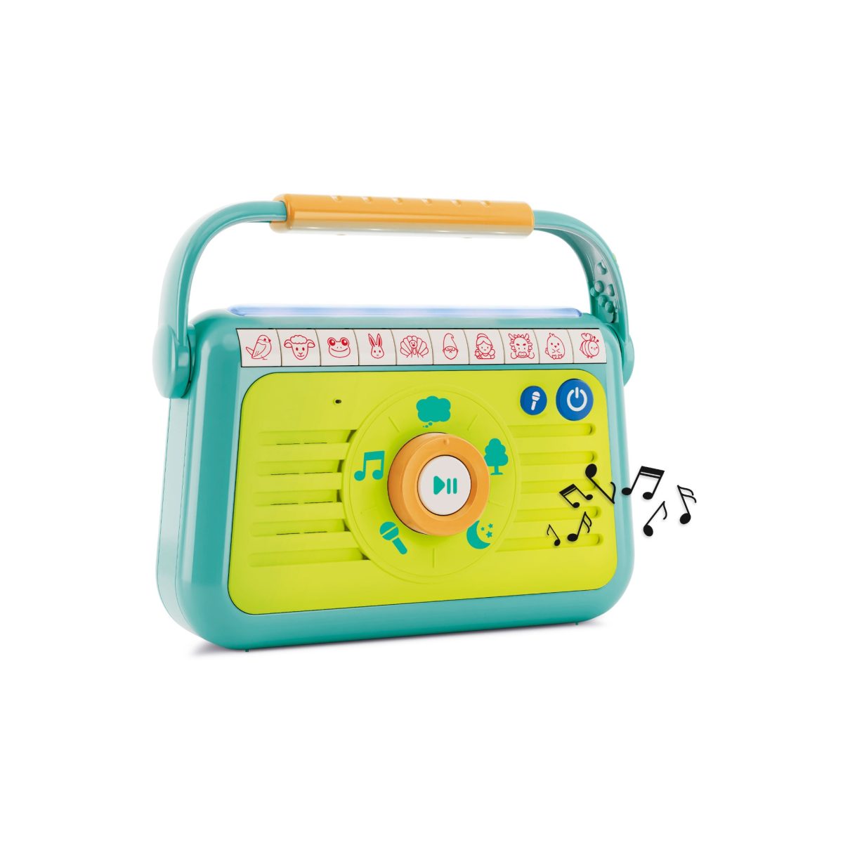 Carotina Baby Radiolina vista laterale con manico, tasti colorati e note musicali illuminate