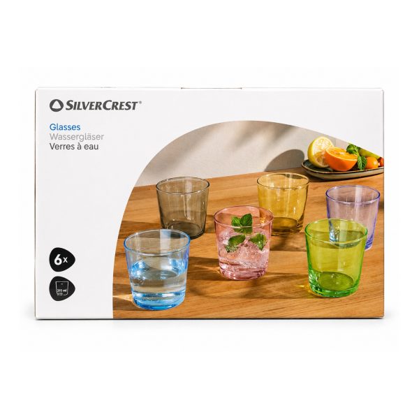 Confezione Silvercrest set 6 bicchieri colorati 220ml vetro scanalato, scatola con angolo danneggiato