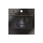 Forno da incasso Candy Classic FCC604GH/E nero, vista frontale con manopole in stile vintage e maniglia ottonata