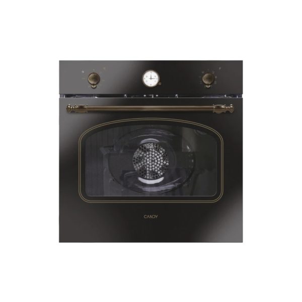 Forno da incasso Candy Classic FCC604GH/E nero, vista frontale con manopole in stile vintage e maniglia ottonata
