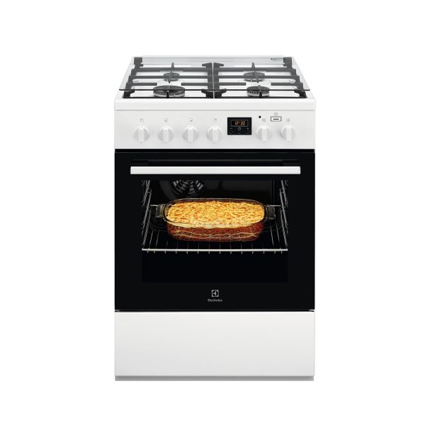 Electrolux LKK640200W cucina 60cm vista frontale con forno acceso e teglia gratinata all'interno