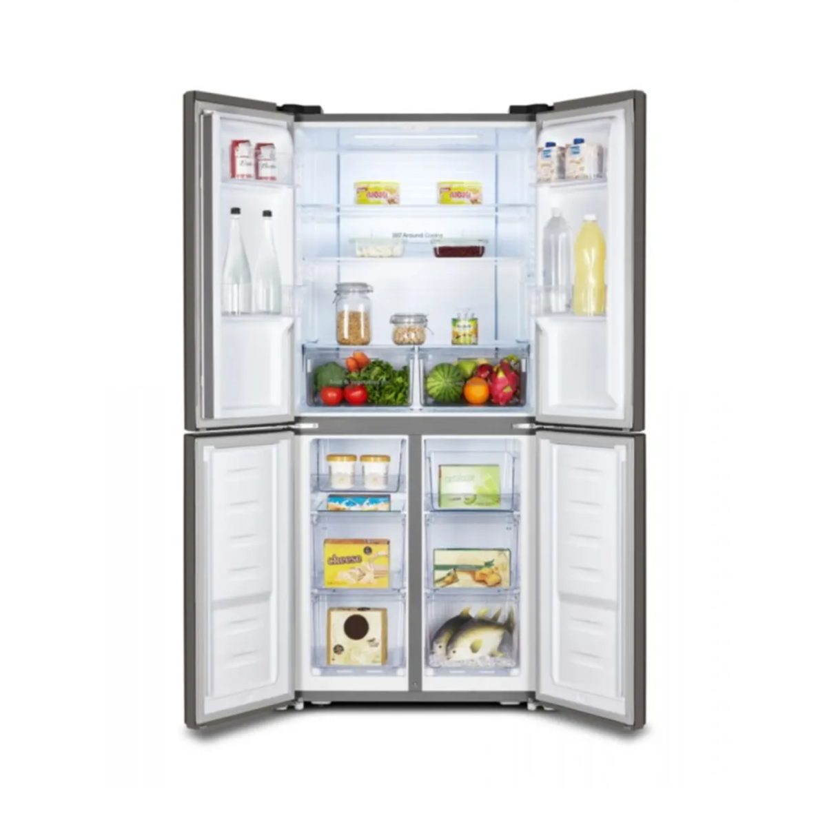 Hisense RQ515N4AC2 frigorifero Cross Door 4 porte tutte aperte con vani frigo e freezer pieni di cibo