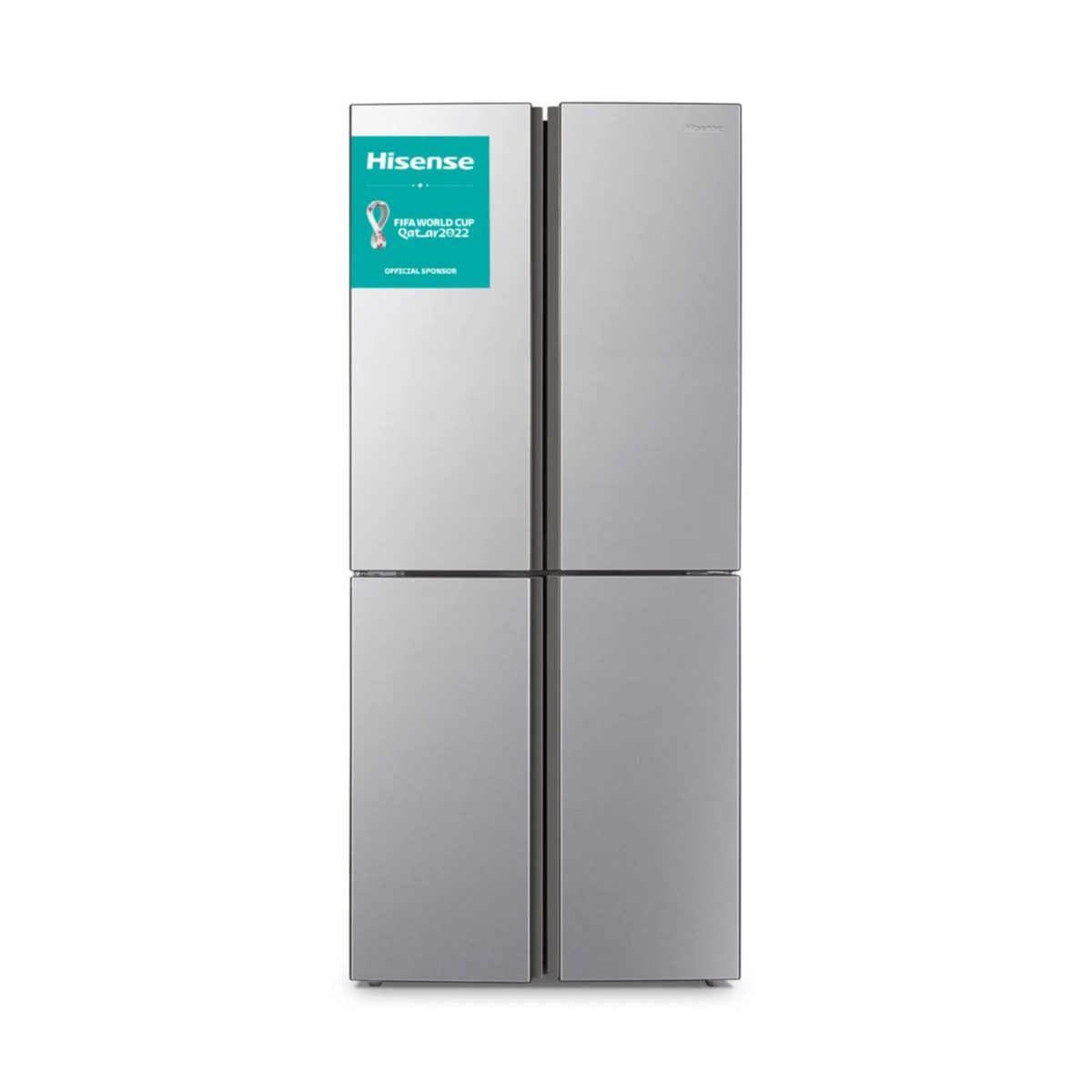 Hisense RQ515N4AC2 frigorifero Cross Door 4 porte vista frontale con adesivo sponsor FIFA World Cup
