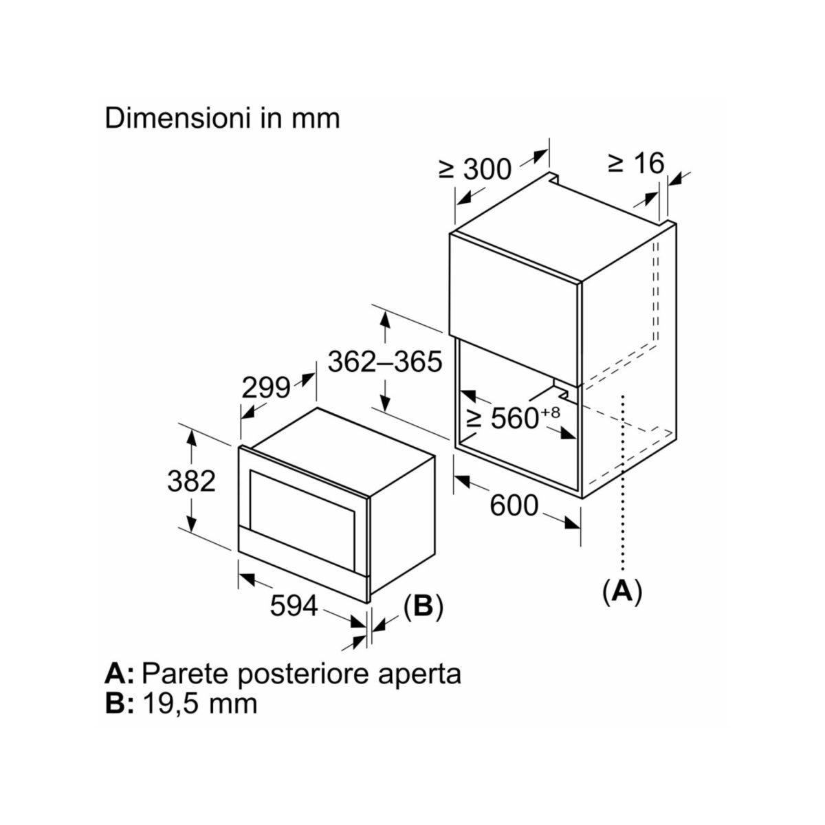 Bosch BEL7321B1 microonde incasso, schema tecnico con dimensioni in mm per installazione a colonna