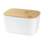Livarno Home porta fazzoletti box bambù e bianco, vista frontale-laterale con coperchio in legno