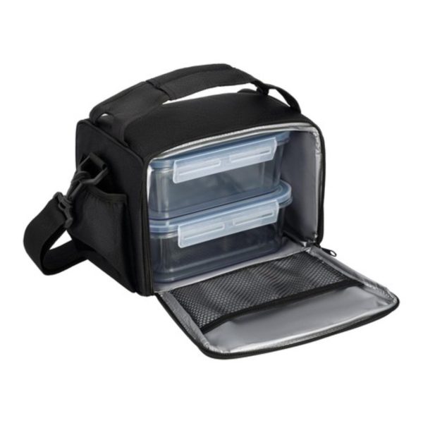 Borsa termica porta pranzo nera con tracolla, vista aperta con due contenitori ermetici inclusi