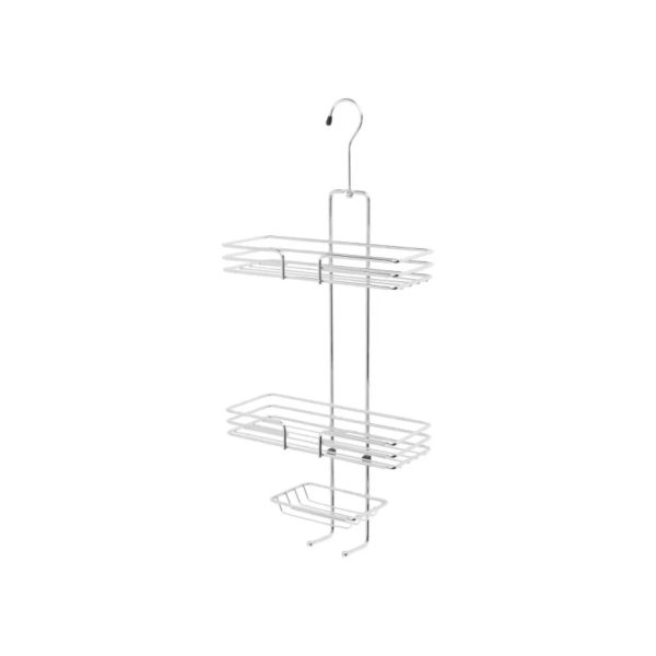 Portaoggetti doccia Livarno cromato 25x46x11 cm con 2 ripiani e gancio per soffione, vista completa su sfondo bianco