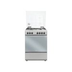 De Longhi DL664EX cucina a gas 60x60 vista frontale con 4 fuochi, forno inox e coperchio in vetro aperto