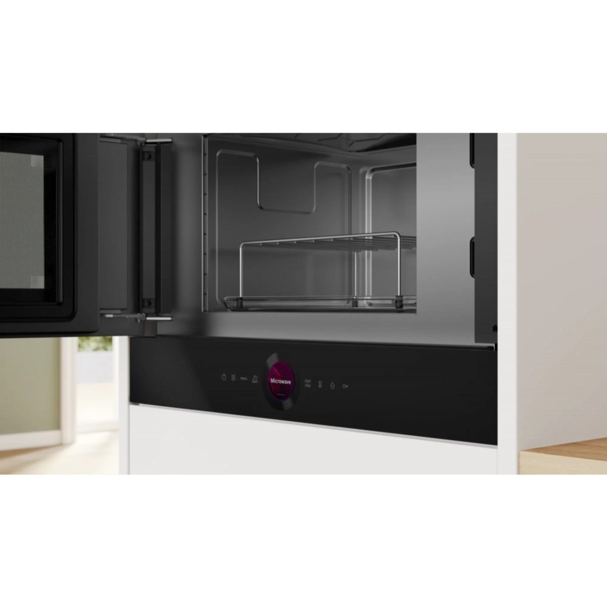 Bosch BEL7321B1 microonde grill, dettaglio interno con griglia metallica e pannello comandi touch magenta
