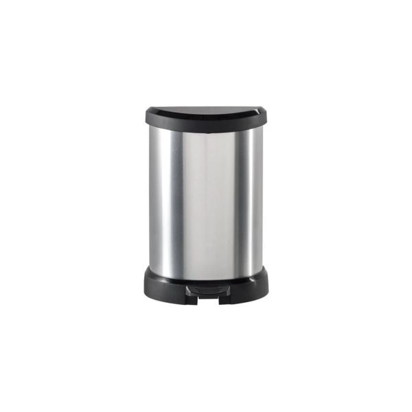 Curver Deco Bin pattumiera 15L a pedale color silver, vista frontale con coperchio e pedale in plastica