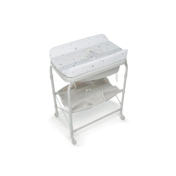 Foppapedretti Splash bagnetto fasciatoio pieghevole, vista frontale con fasciatoio imbottito orsetti e vaschetta