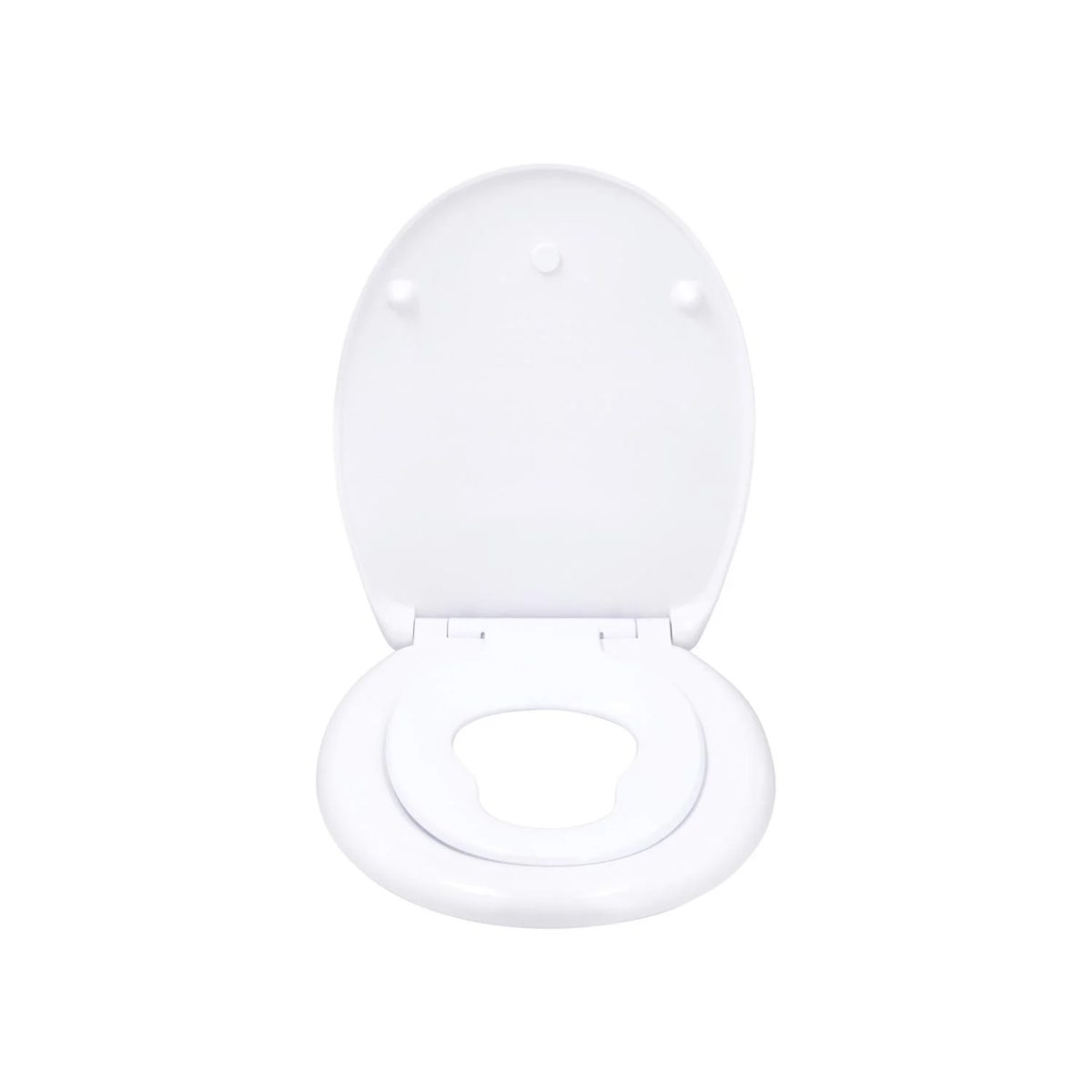 Sedile WC Livarno Home universale, vista dall'alto con coperchio aperto e cerniere visibili