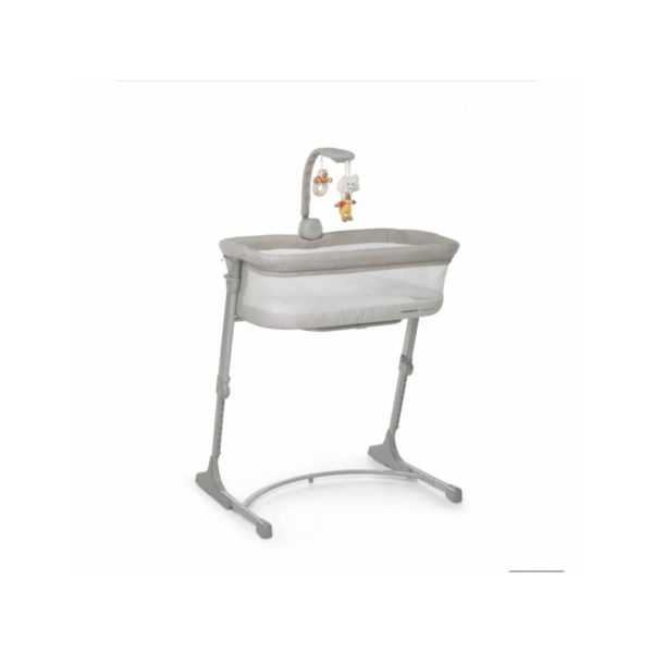 Culla Co-Sleeping Foppapedretti iNanna Greige vista frontale con giostrina e struttura in tessuto traspirante
