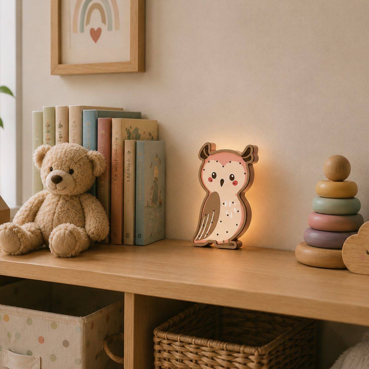 Lampada LED Livarno Home gufo in legno accesa su mensola cameretta, luce calda notturna