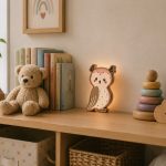 Lampada LED Livarno Home gufo in legno accesa su mensola cameretta, luce calda notturna
