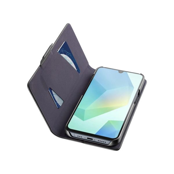 Custodia Cellularline Book Galaxy A17 nera aperta con smartphone inserito e slot porta carte