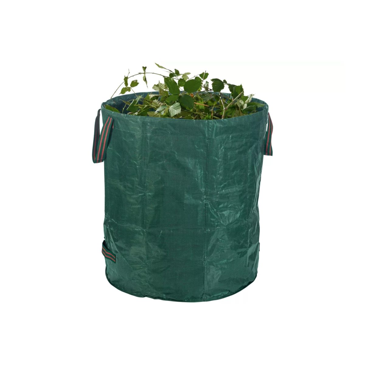 Sacco da giardino Parkside 120L verde riempito con rami e foglie, maniglie laterali visibili
