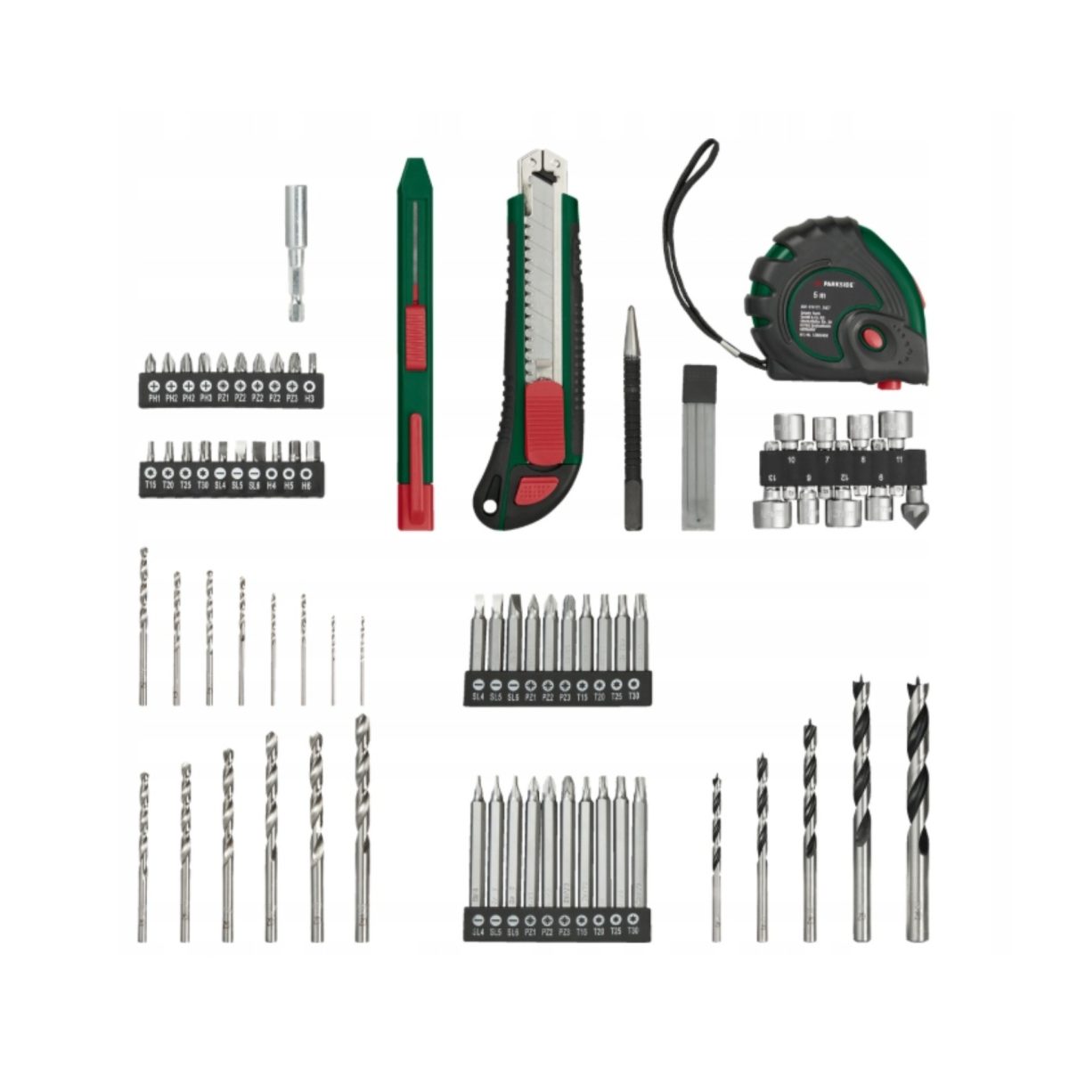 Set completo accessori Parkside PBSA 12 con punte trapano, inserti avvitatore, chiavi a bussola e metro