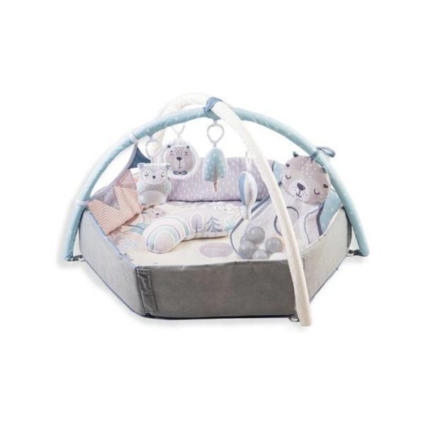 Momi Pastel tappeto palestrina Maxi 3-in-1 vista frontale con archetti, peluche e giochini appesi