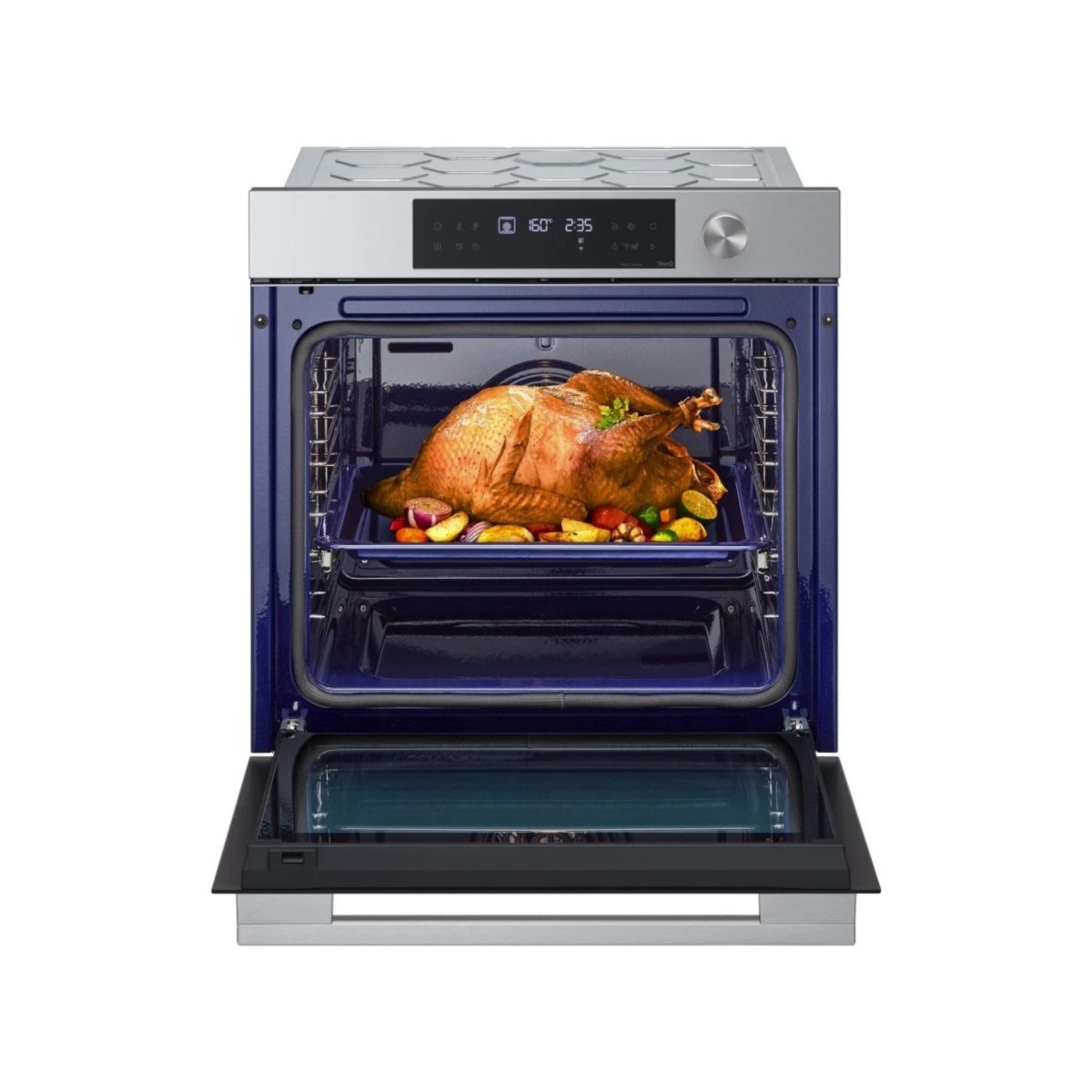 LG WSED7613S forno incasso 76L aperto con tacchino arrosto in cottura, cavità smaltata blu