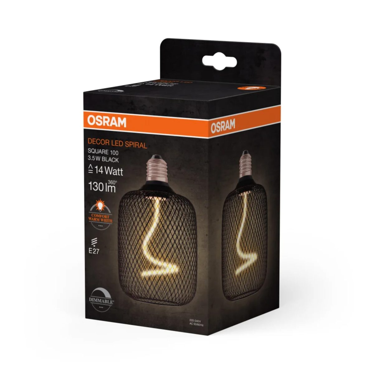 Confezione Osram Decor LED Spiral Quadrato Nera 3.5W E27 vista laterale con dettagli prodotto