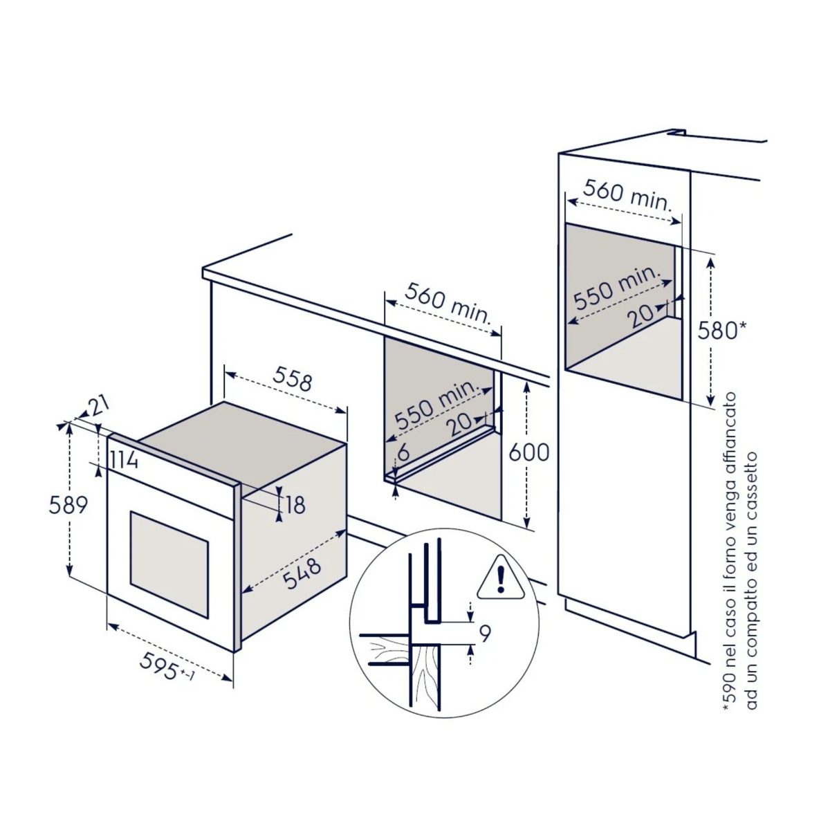 Electrolux KOIGH04X forno da incasso 72L, schema tecnico con dimensioni e misure di installazione