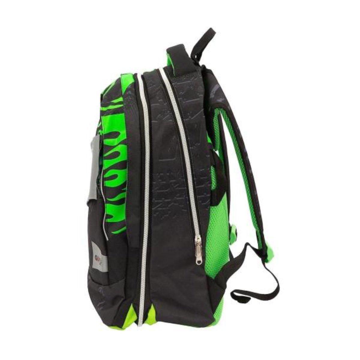 Zaino scuola estensibile GoPop Monster Truck nero e verde, vista laterale con doppia zip e tasca laterale a rete