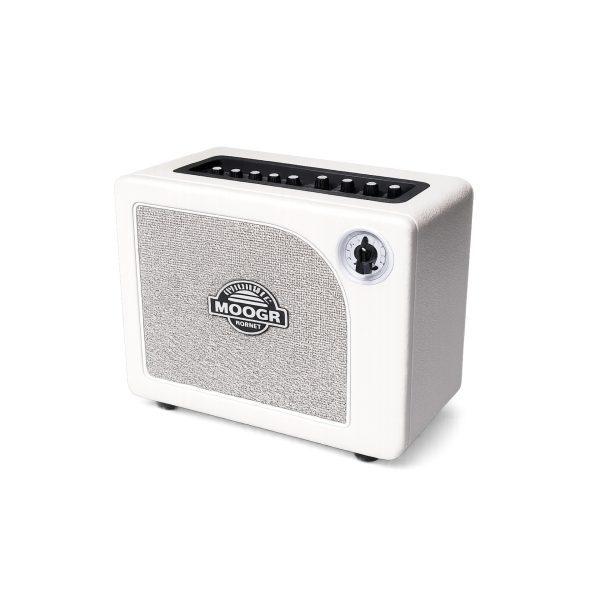 Mooer Hornet 15 amplificatore chitarra bianco, vista frontale con manopole ed effetti