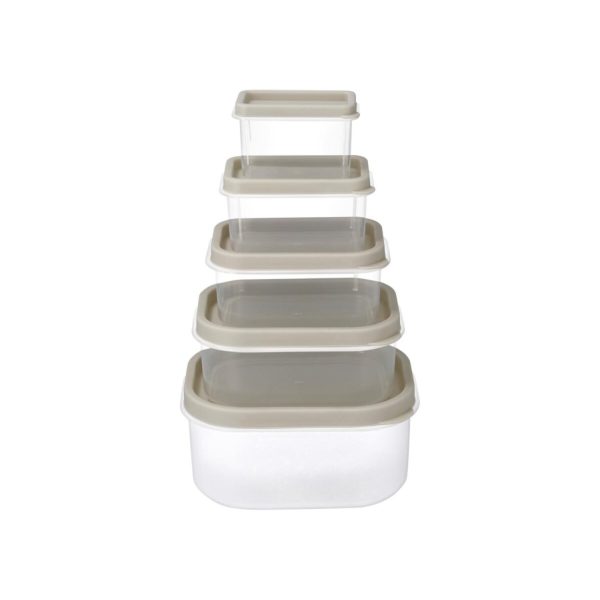 Set Silvercrest 5 contenitori per alimenti impilati, vista frontale con coperchi color tortora