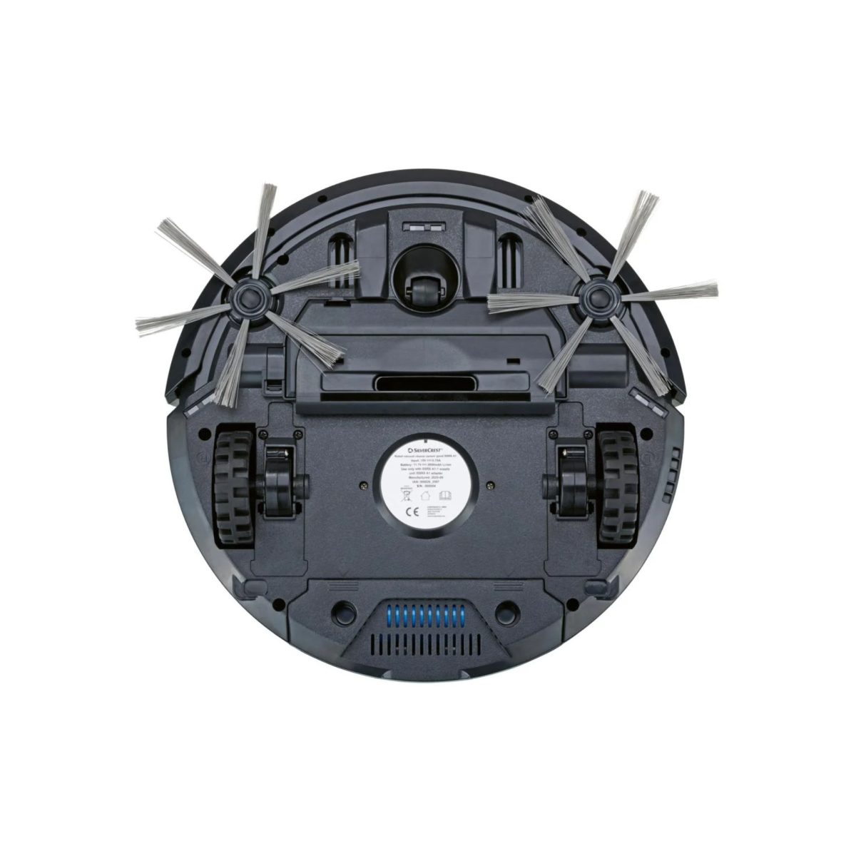 Robot aspirapolvere Silvercrest SSRS A1 ricondizionato, vista dal basso con ruote, spazzole e sensori anticaduta