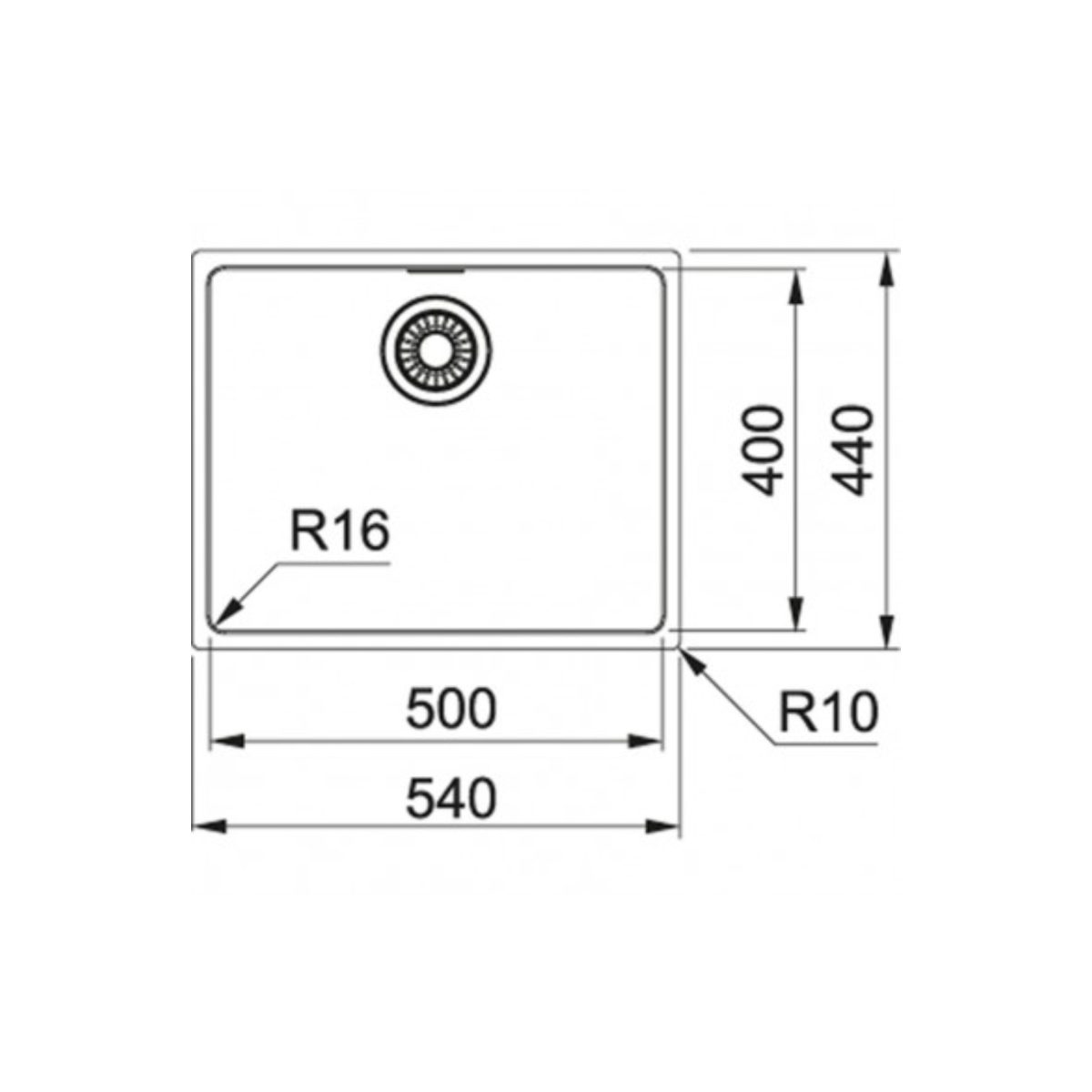 Franke Maris MRX 110-50 lavello inox satinato 54cm, disegno tecnico con misure e dimensioni vasca