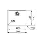 Franke Maris MRX 110-50 lavello inox satinato 54cm, disegno tecnico con misure e dimensioni vasca
