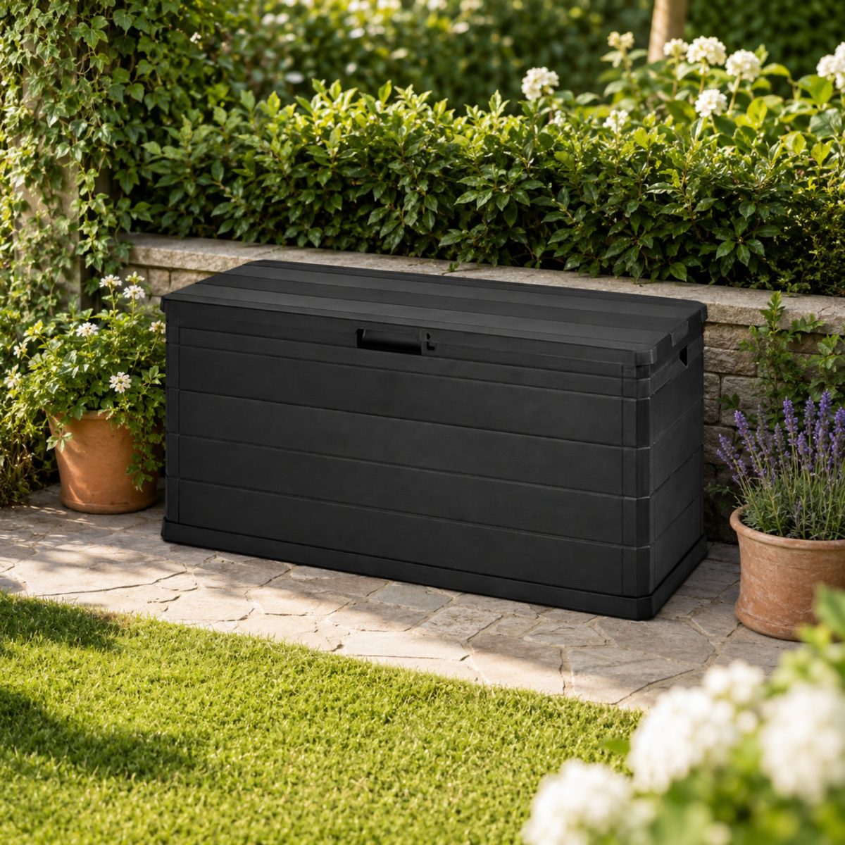 Livarno Home Box Giardino 270L nero posizionato all'esterno tra piante e vasi in ambientazione giardino