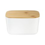 Livarno Home porta fazzoletti box bambù e bianco, vista frontale centrale con coperchio in bambù naturale