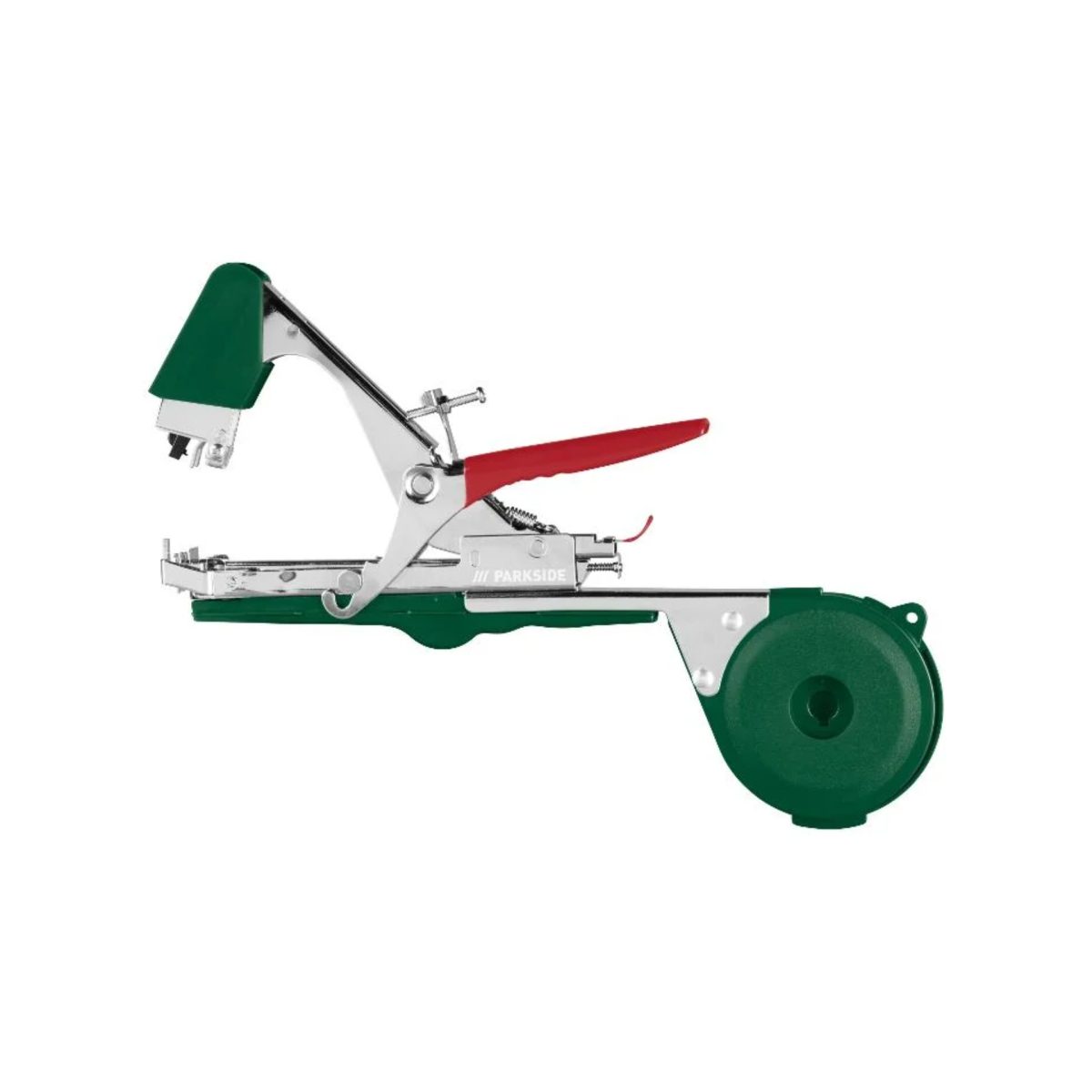 Parkside pinza legatrice a nastro per piante vista laterale con bobina verde e struttura in metallo cromato