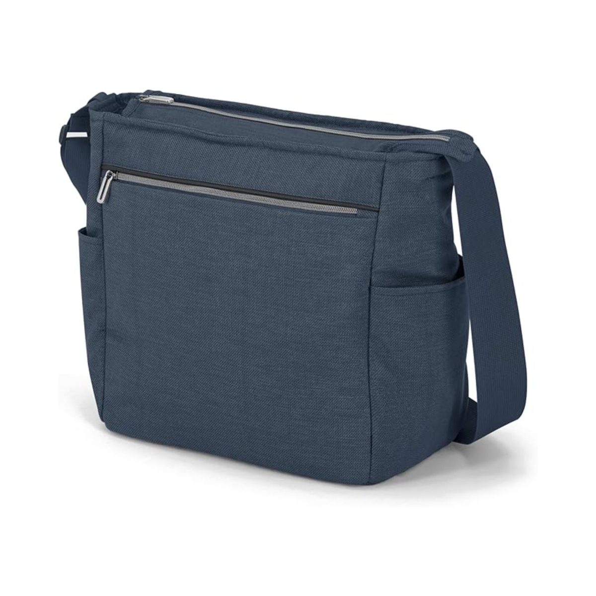 Borsa nursery Inglesina Aptica Day Bag blu, dettaglio tasca frontale con zip e cerniera superiore