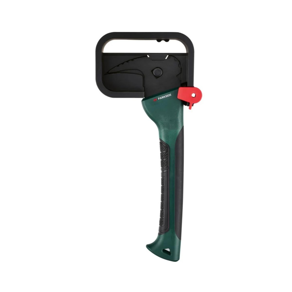 Ascia da spacco Parkside 19 cm vista laterale con fodero nero e fermo di sicurezza rosso