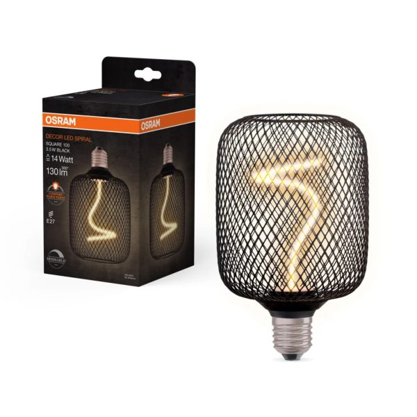 Osram Decor LED Filamento Quadrato Nera 3.5W E27 con confezione originale accesa e attacco a vite