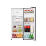 Frigorifero Hisense RR195D4DD1 150L aperto con ripiani e vano Freeze Zone pieni di alimenti