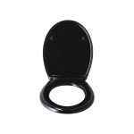 Asse WC Livarno nero duroplast vista frontale con coperchio aperto e cerniere soft-close