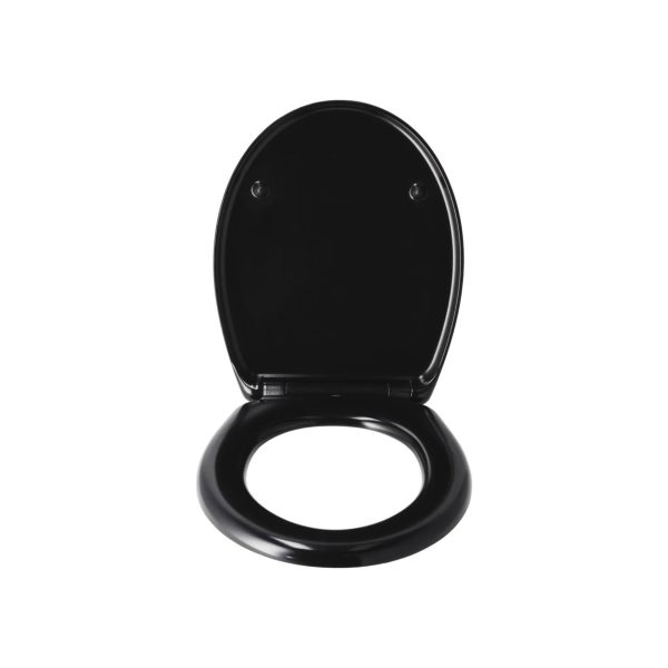 Asse WC Livarno nero duroplast vista frontale con coperchio aperto e cerniere soft-close