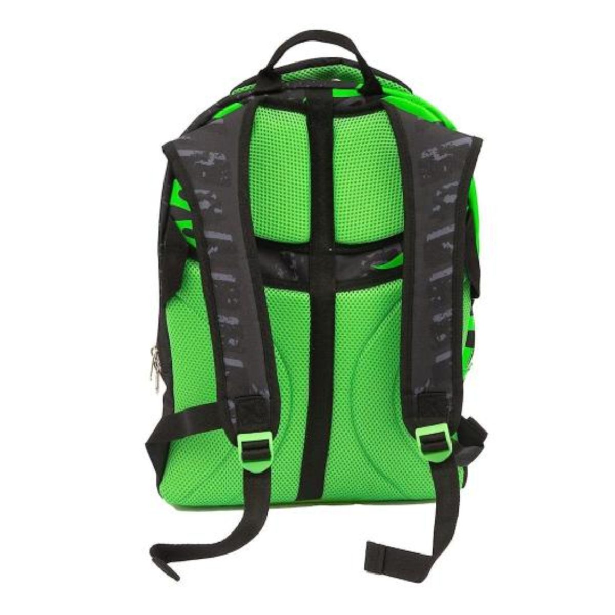 Zaino scuola estensibile GoPop Monster Truck nero e verde, vista posteriore con spallacci e schienale imbottito