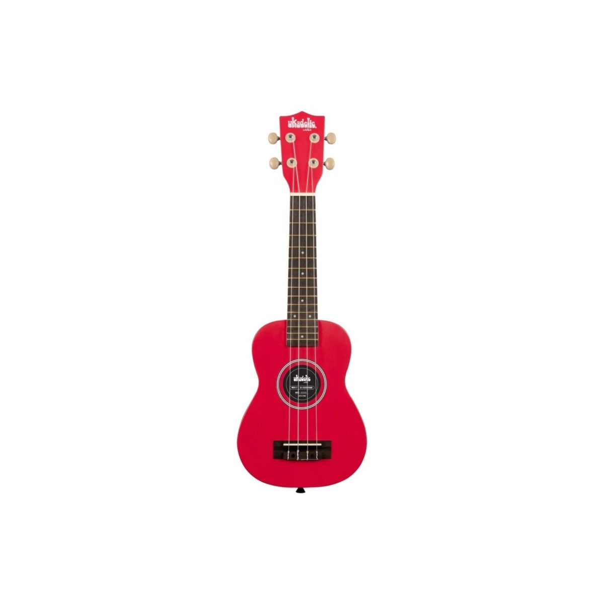 Ukulele soprano Kala Ukadelic Cherry Bomb Red vista frontale con paletta, tastiera e buca armonica