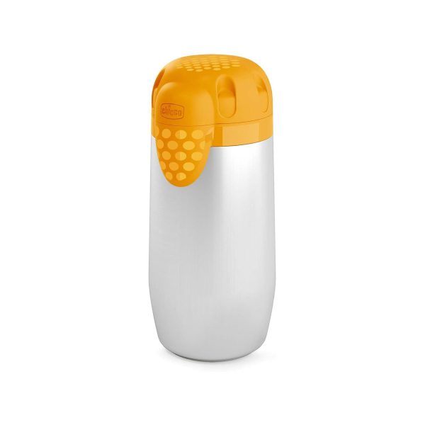 Portabiberon termico Chicco Step Up in acciaio satinato con tappo arancione, vista frontale