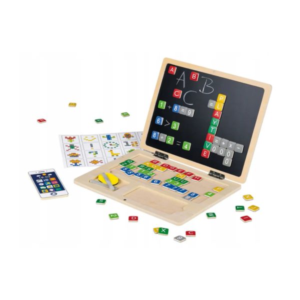 Laptop giocattolo in legno con lavagna, lettere e numeri magnetici, telefono giocattolo e schede incluse