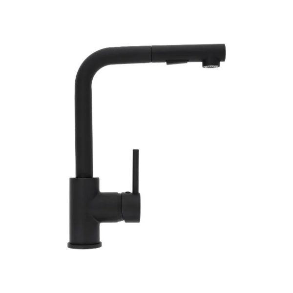 Miscelatore cucina Livarno Home canna girevole 360° finitura nera, vista laterale con doccetta estraibile
