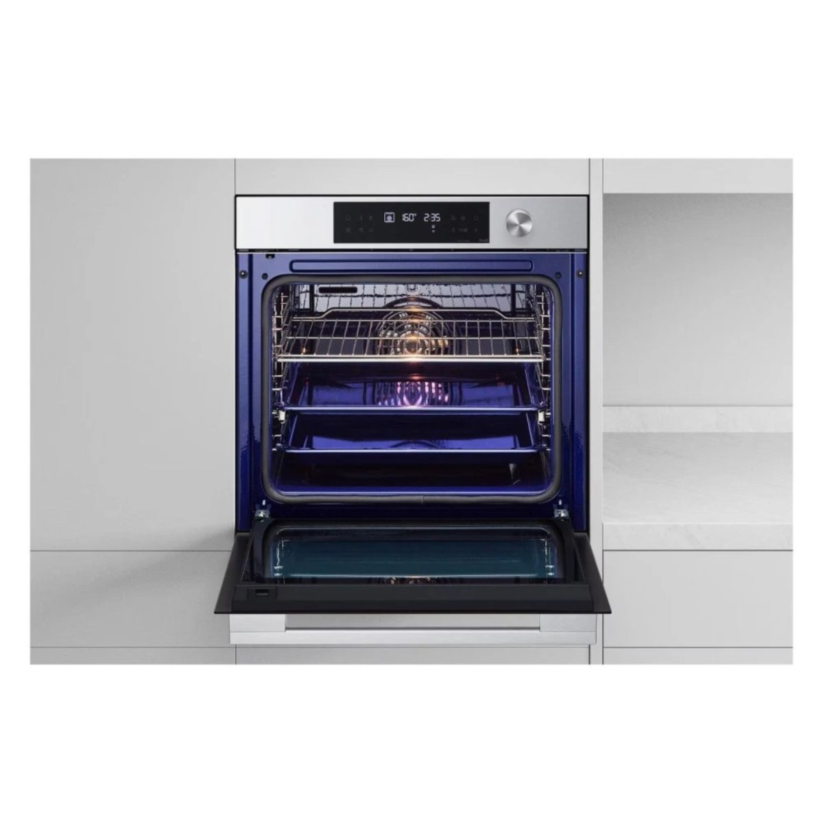 LG WSED7613S forno incasso 76L aperto vuoto con griglie in acciaio e interno smaltato blu illuminato